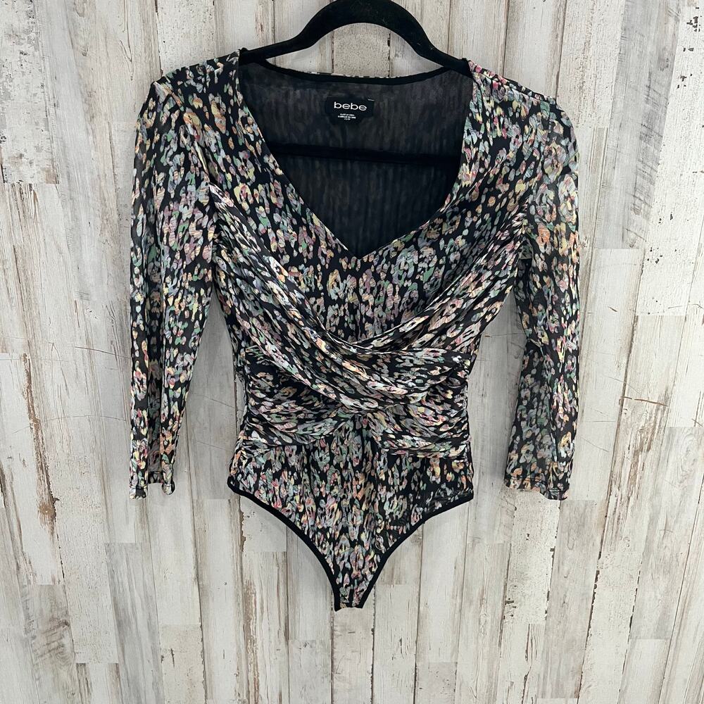 Bebe Women Animal Print Bodysuit Size XS Long Sleeve Mesh Thong Snaps